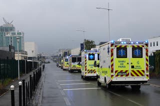 Ambulances transporting French national passengers of the MV Hondius, where an outbreak of hantavirus has been detected, leave Le Bourget airport after plane repatriating them landed, in the outskirts of Paris